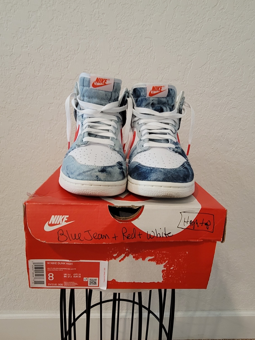 Nike Blue Denim and White High-Top Sneakers with Red Accents